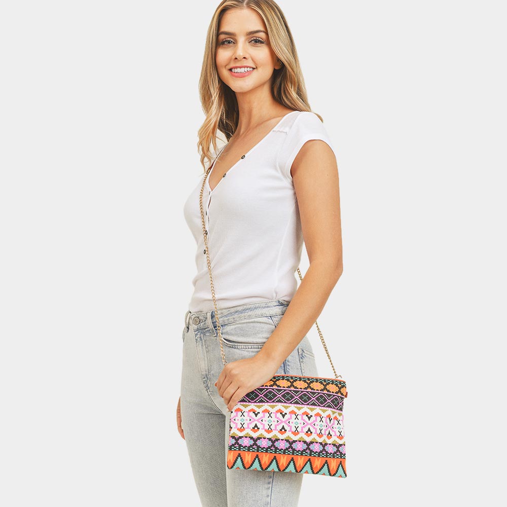 Aztec Patterned Wristlet Clutch Crossbody Bag