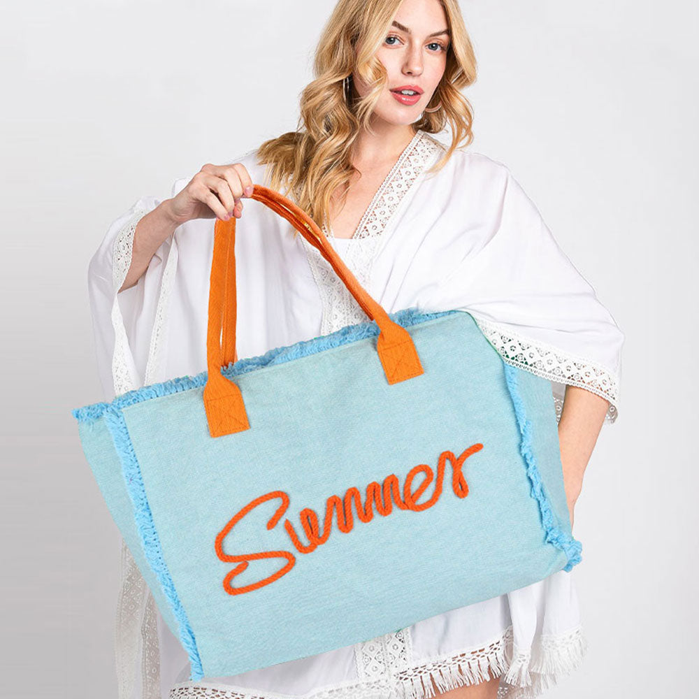 SUMMER Message Embroidered Fringe Canvas Tote Beach Bag