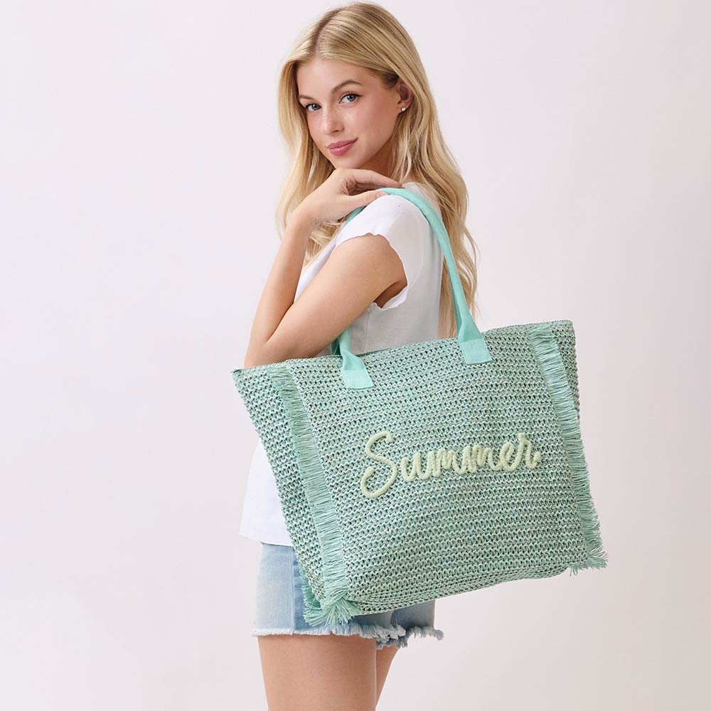 SUMMER Embroidery Woven Straw Fringe Tote Shoulder Bag