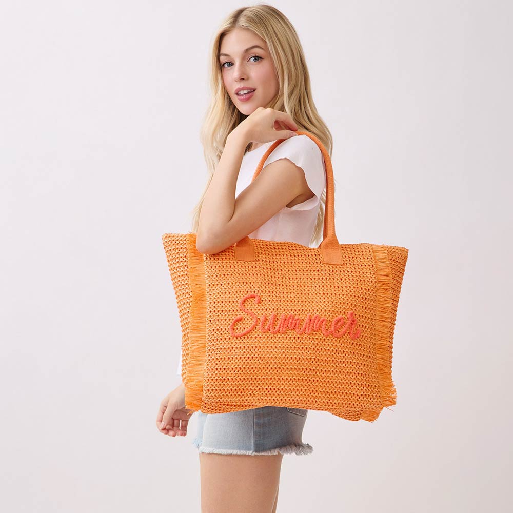 SUMMER Embroidery Woven Straw Fringe Tote Shoulder Bag