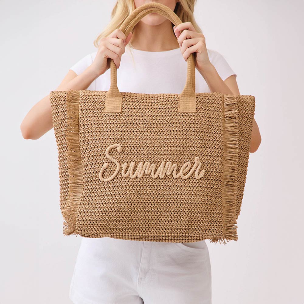 SUMMER Embroidery Woven Straw Fringe Tote Shoulder Bag