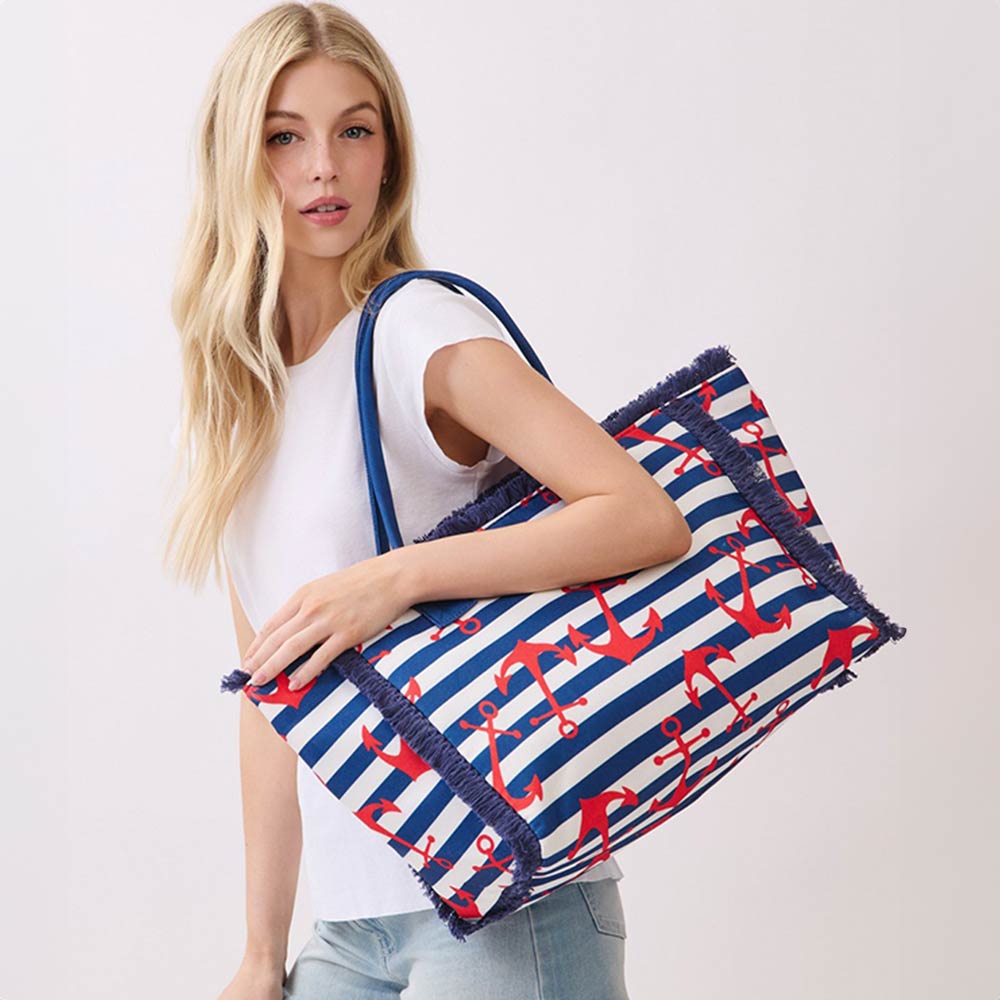 Anchor Pattern Stripe Fringe Trim Shoulder Tote Bag