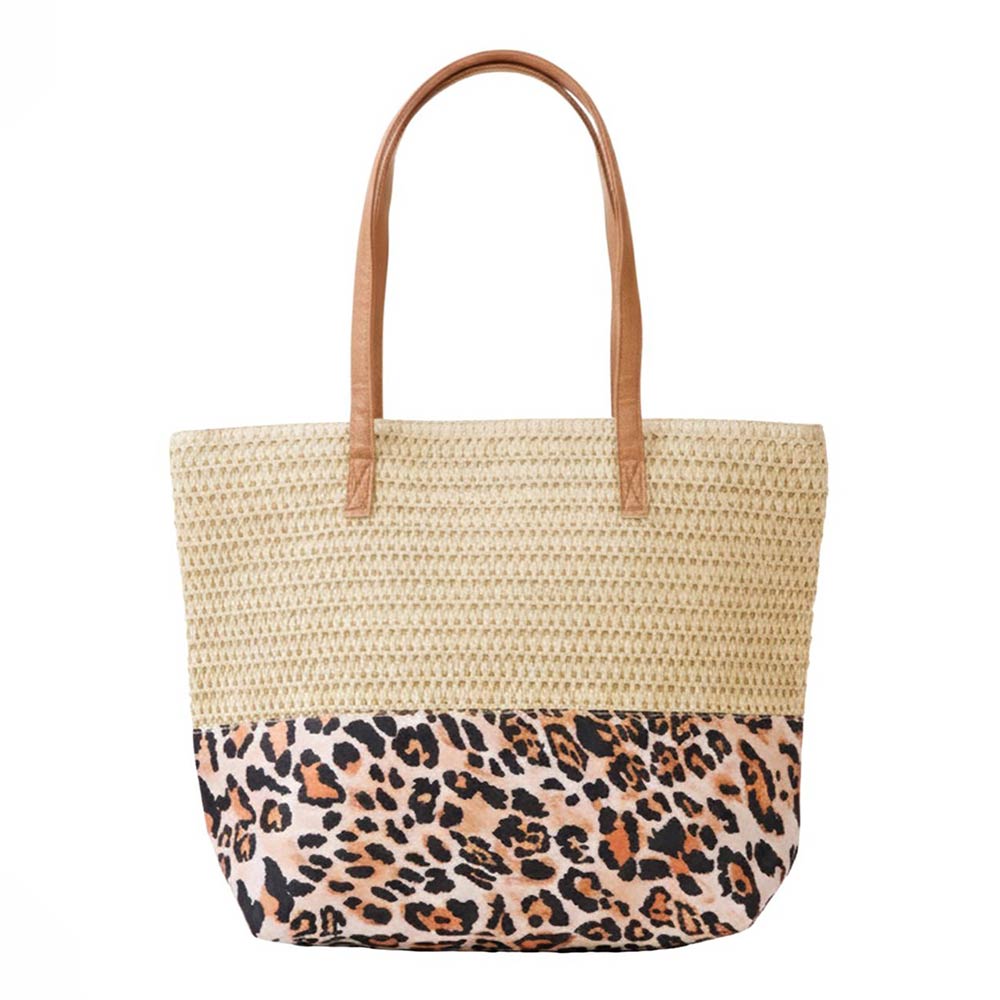 Leopard Print Straw Tote Shoulder Bag
