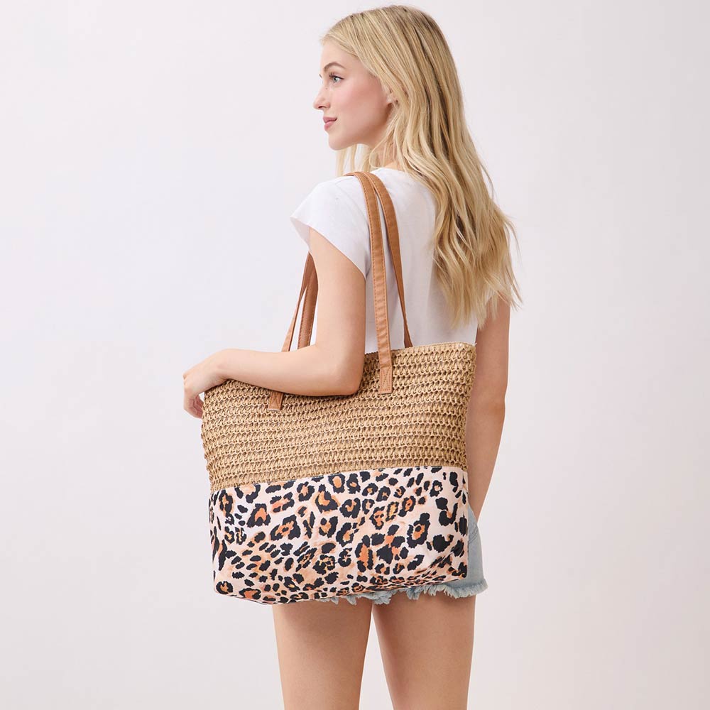 Leopard Print Straw Tote Shoulder Bag