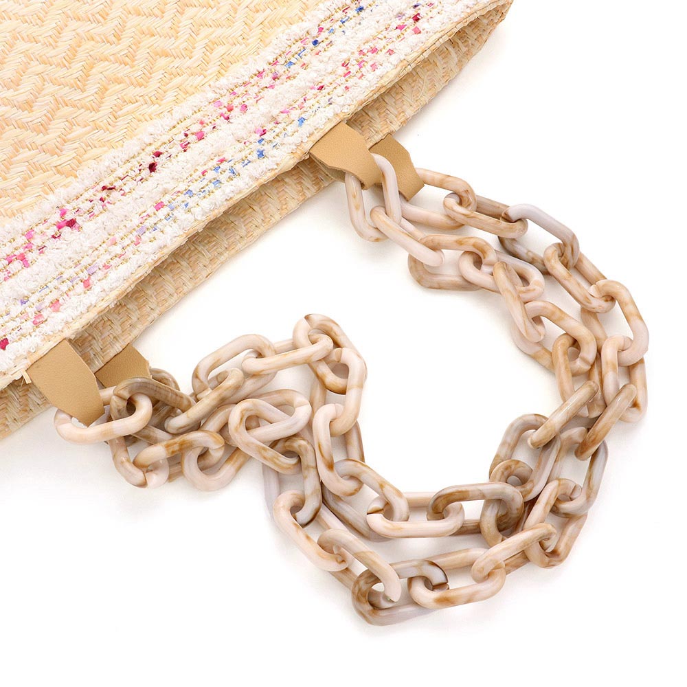 Zigzag Chevron Patterned Celluloid Acetate Handle Straw Tote Bag