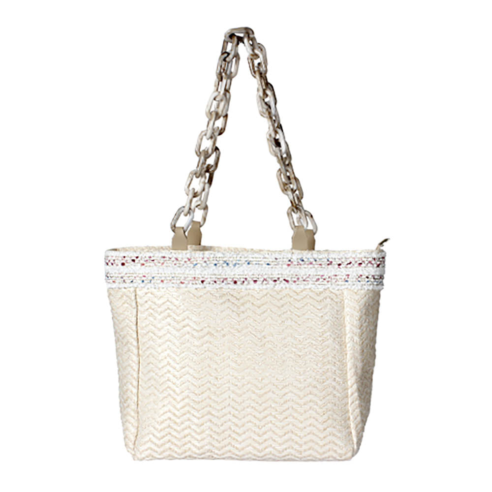 Zigzag Chevron Patterned Celluloid Acetate Handle Straw Tote Bag