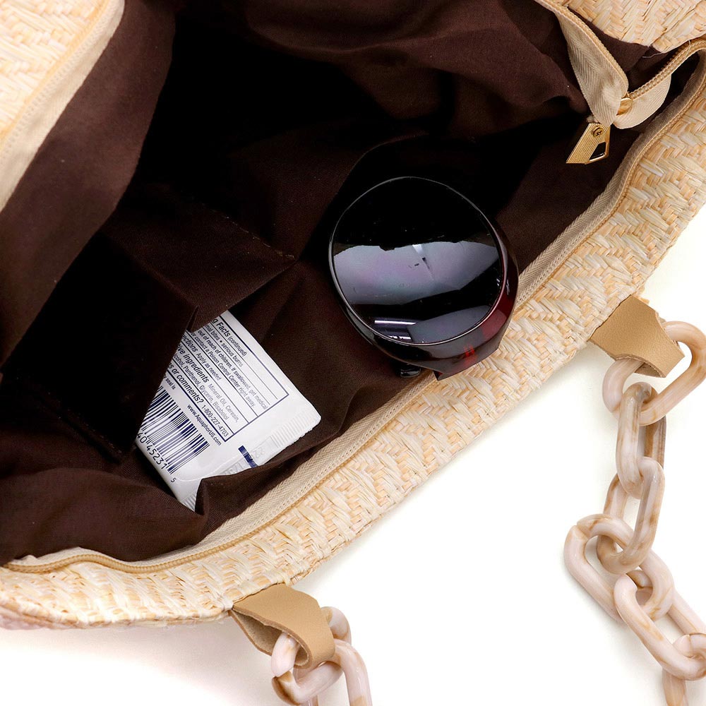 Zigzag Chevron Patterned Celluloid Acetate Handle Straw Tote Bag