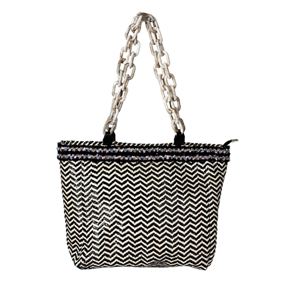 Zigzag Chevron Patterned Celluloid Acetate Handle Straw Tote Bag