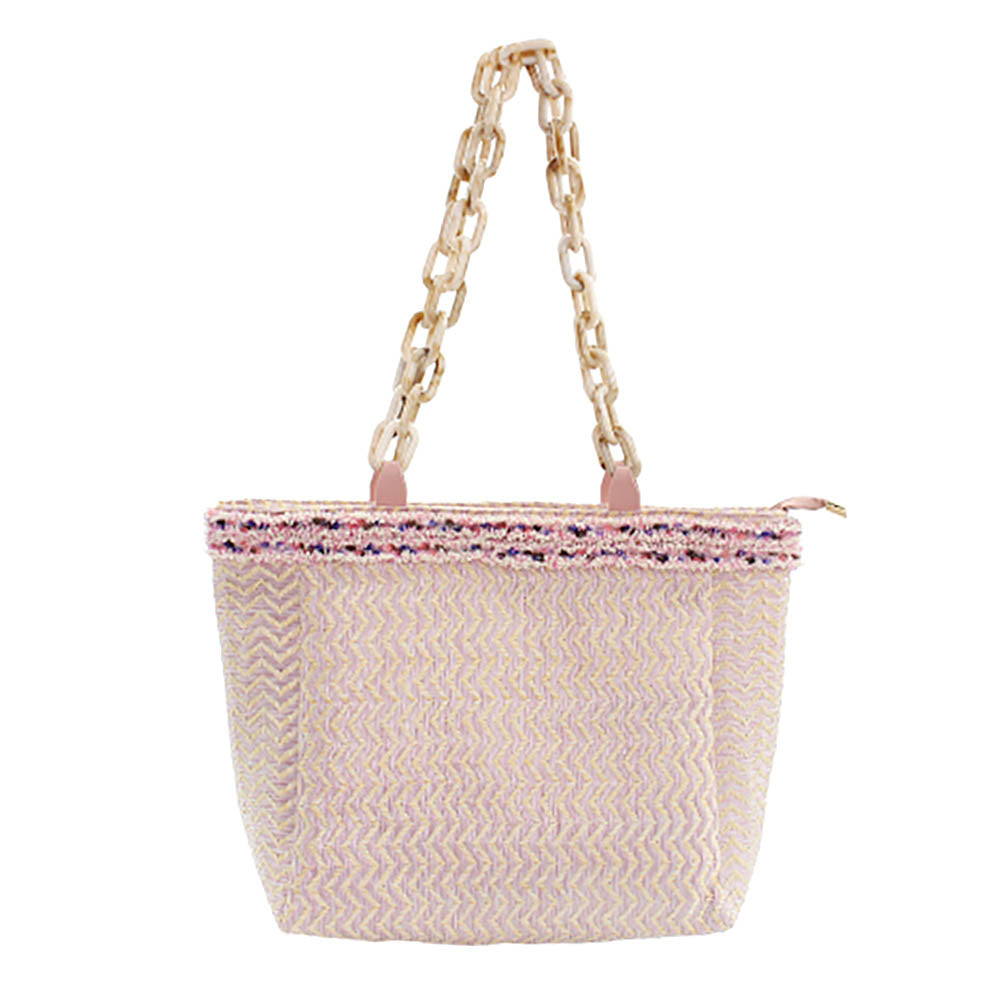 Zigzag Chevron Patterned Celluloid Acetate Handle Straw Tote Bag
