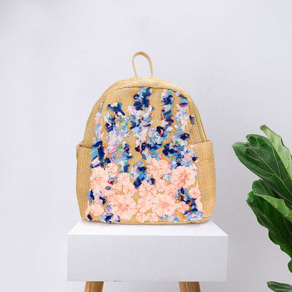 Fabric Flower Cluster Straw Backpack Bag