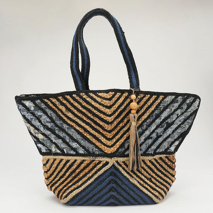 Chevron Woven Wooden Tassel Straw Tote Bag