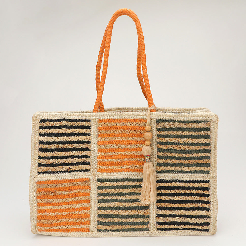 Bolso tote de paja con borla de madera y rayas de bloques de color tejidos