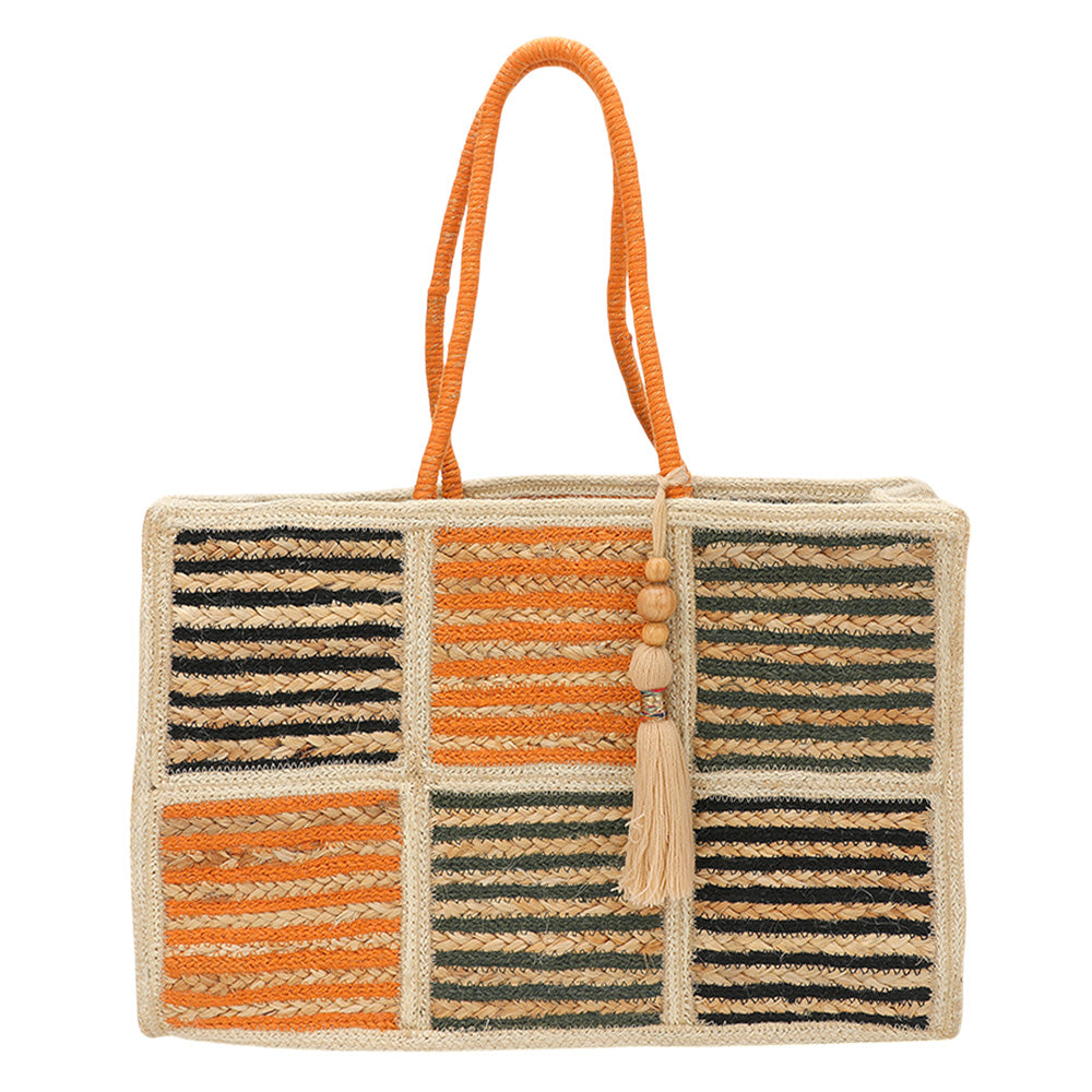 Bolso tote de paja con borla de madera y rayas de bloques de color tejidos