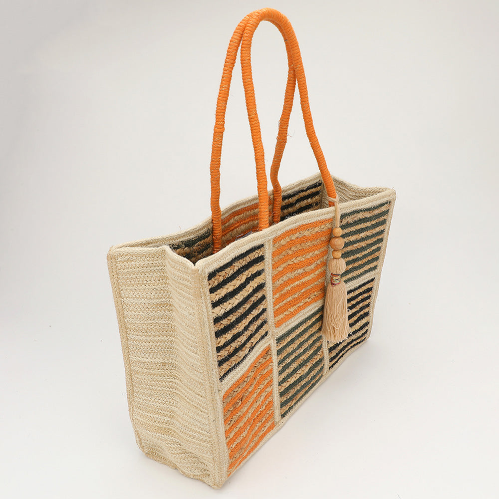 Bolso tote de paja con borla de madera y rayas de bloques de color tejidos