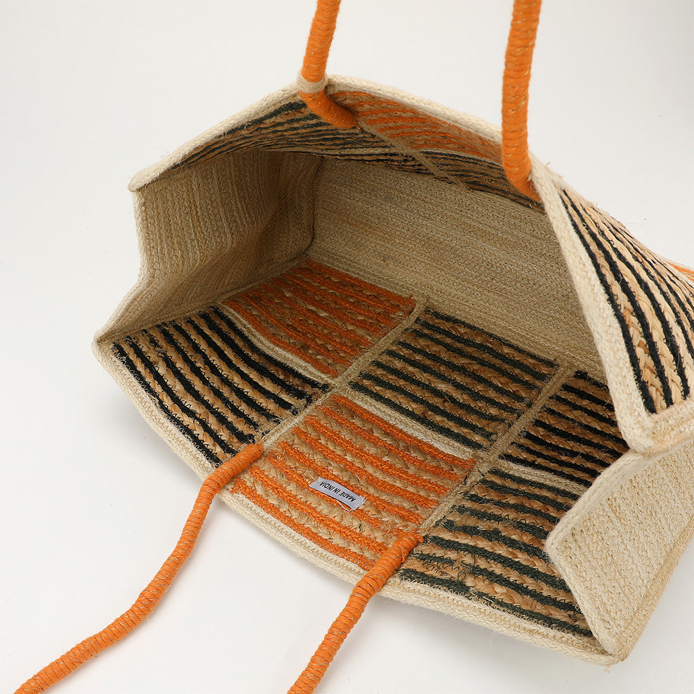 Bolso tote de paja con borla de madera y rayas de bloques de color tejidos
