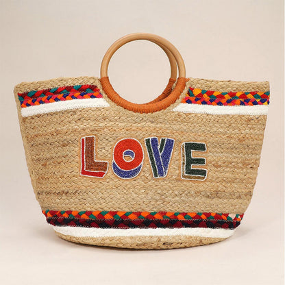 Seed Beaded LOVE Message Pointed Wooden Handle Jute Handbag