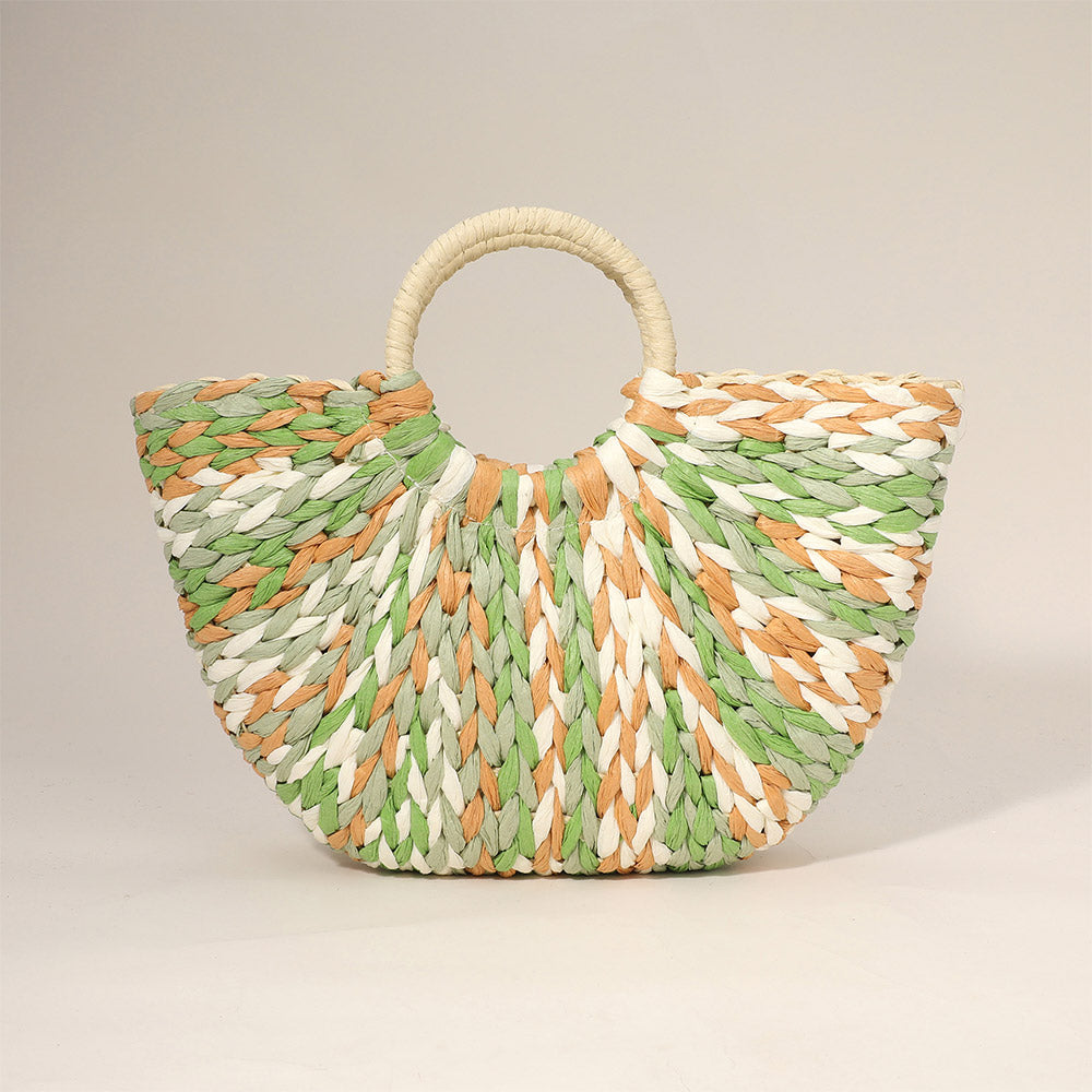 Bolso de paja natural tejido a mano con asa redonda y tejido multicolor