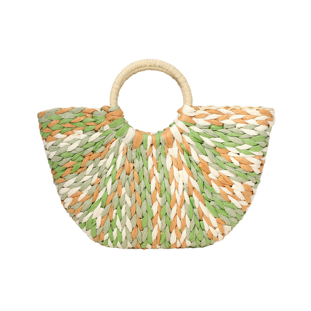 Bolso de paja natural tejido a mano con asa redonda y tejido multicolor