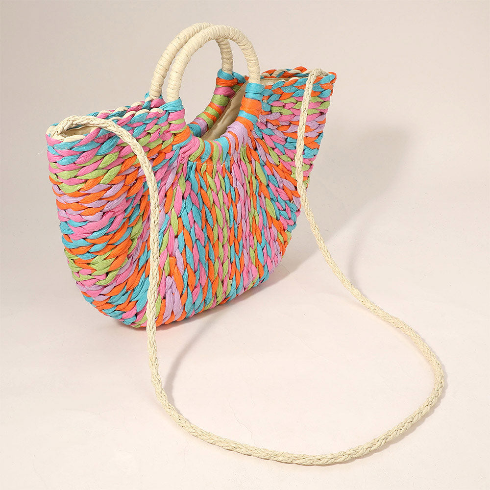 Bolso de paja natural tejido a mano con asa redonda y tejido multicolor