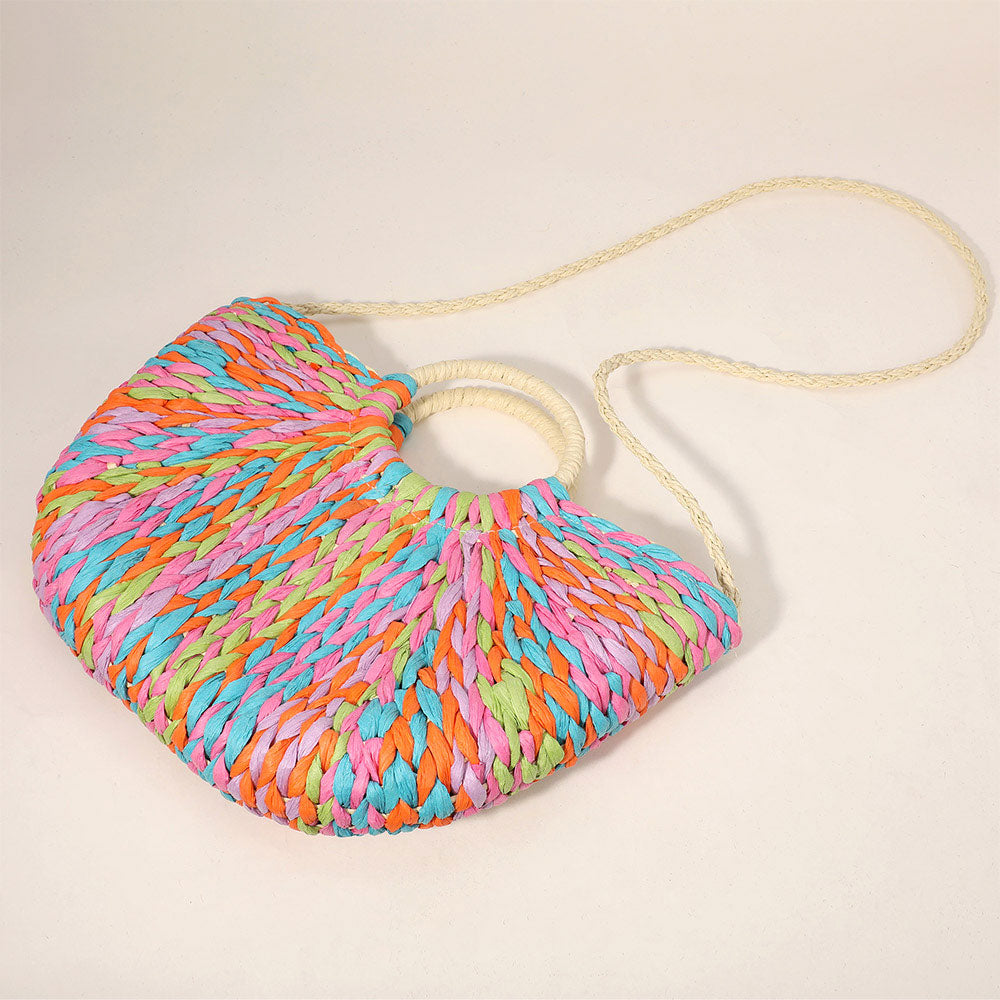Bolso de paja natural tejido a mano con asa redonda y tejido multicolor