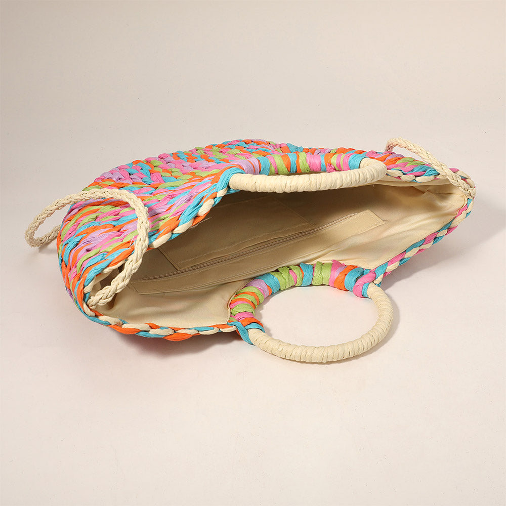 Bolso de paja natural tejido a mano con asa redonda y tejido multicolor