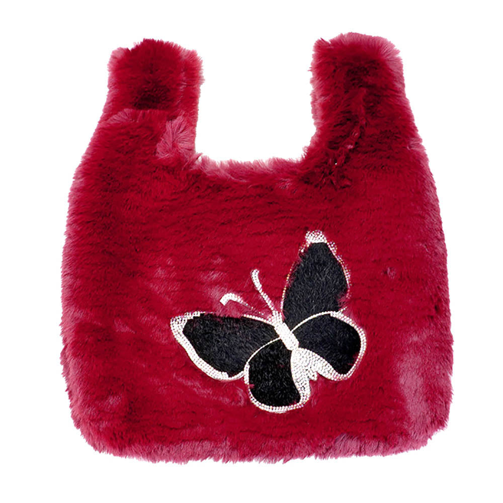 Bolso Tote Holgado con Mariposas de Pelo Sintético Esponjoso