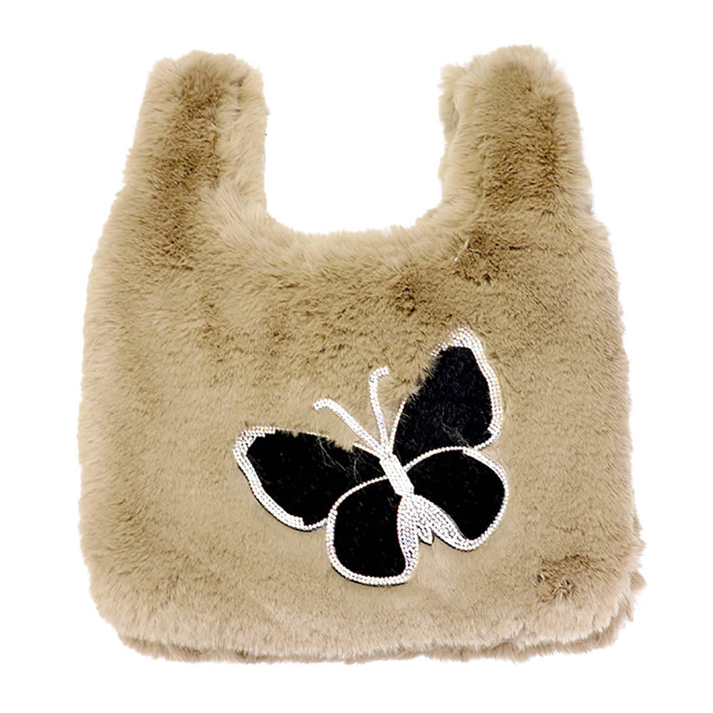 Bolso Tote Holgado con Mariposas de Pelo Sintético Esponjoso