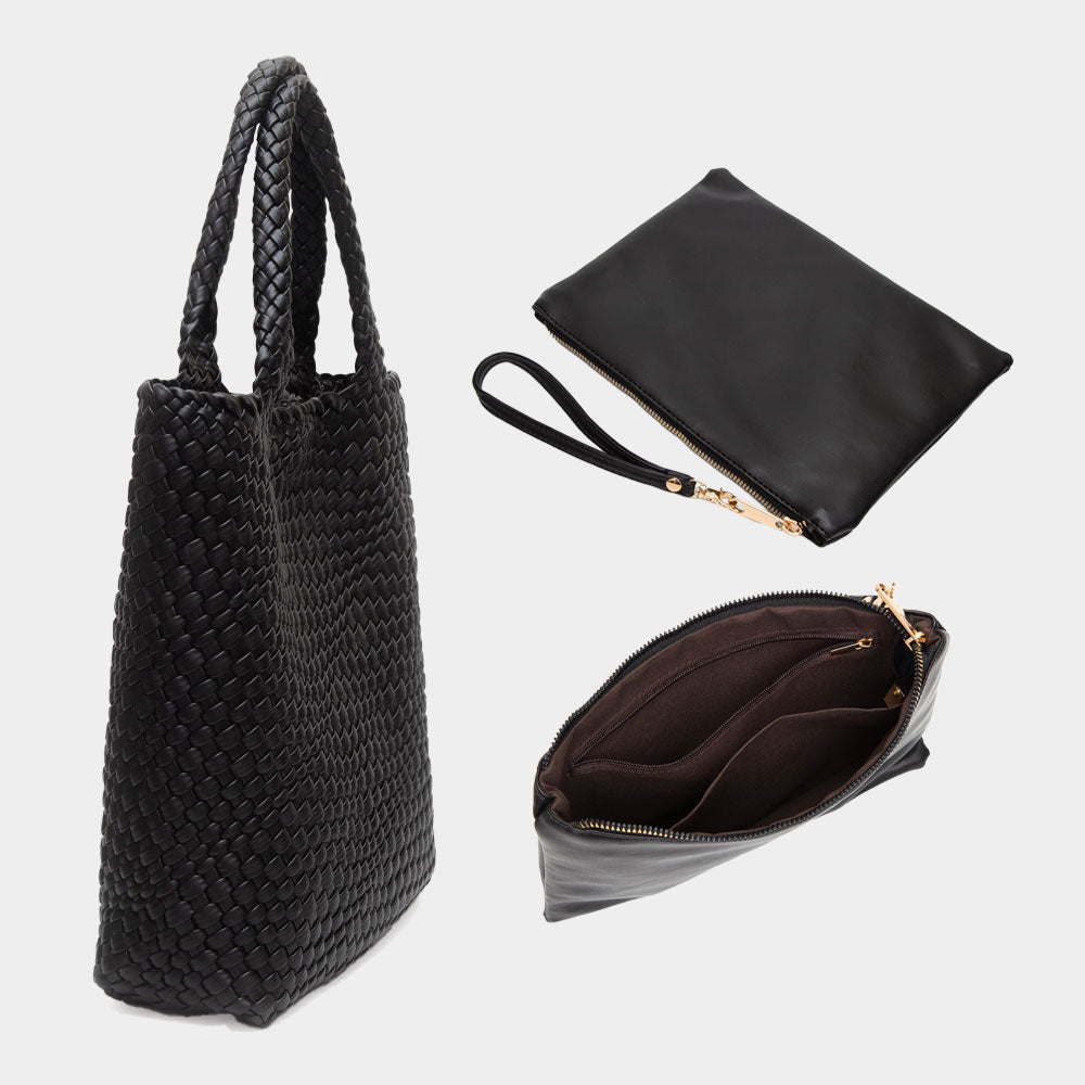 Faux Leather Braided Top Handle Tote Bag with Pouch