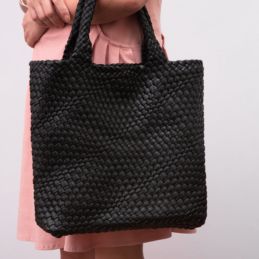 Faux Leather Braided Top Handle Tote Bag with Pouch