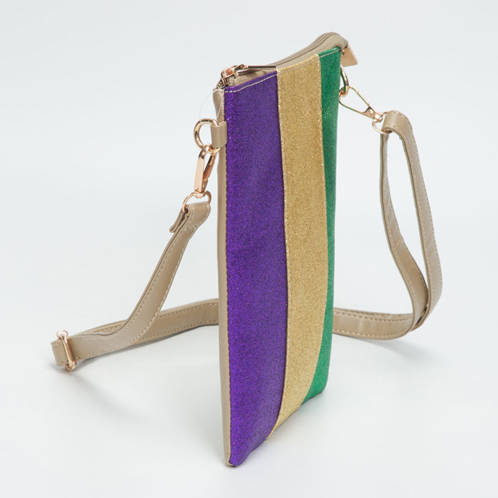 Women's Glittered Vertical Strip Mardi Gras Flat Mini Crossbody Bag