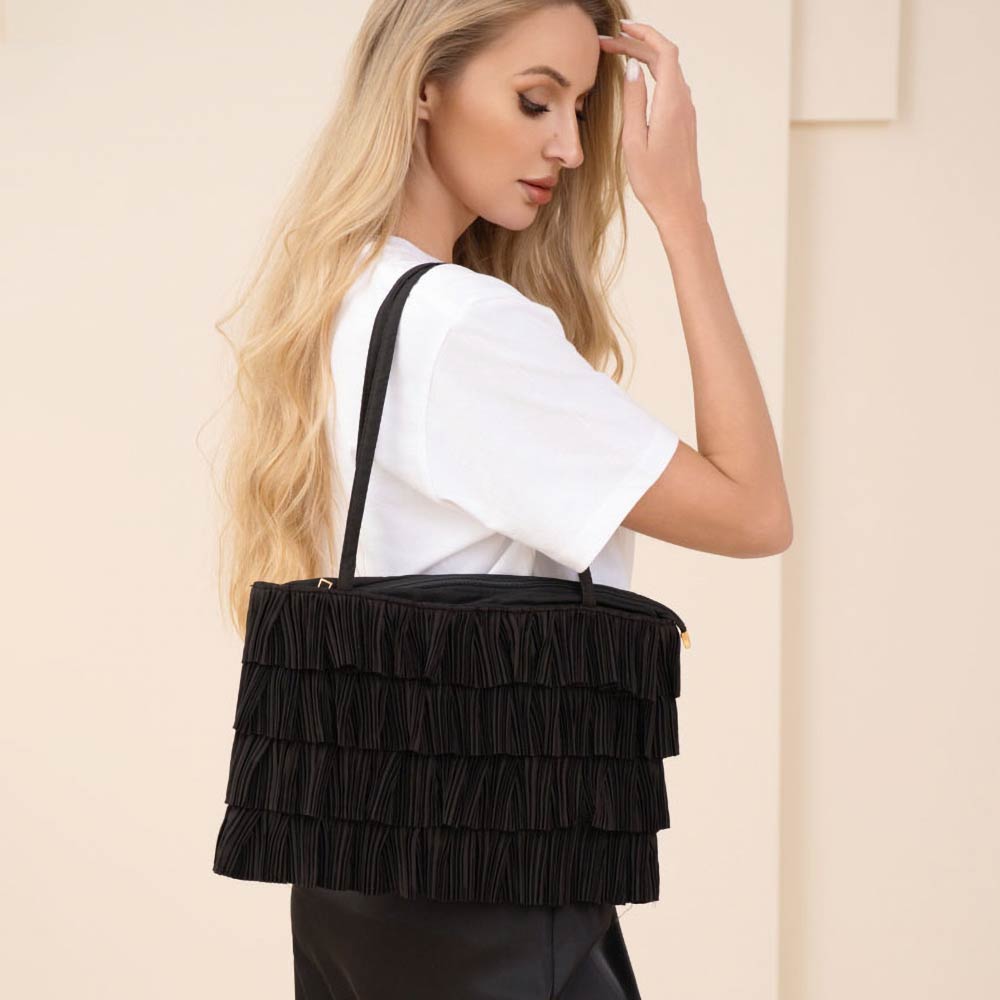 Layered Ruffle Front Fabric Shoulder Tote Bag