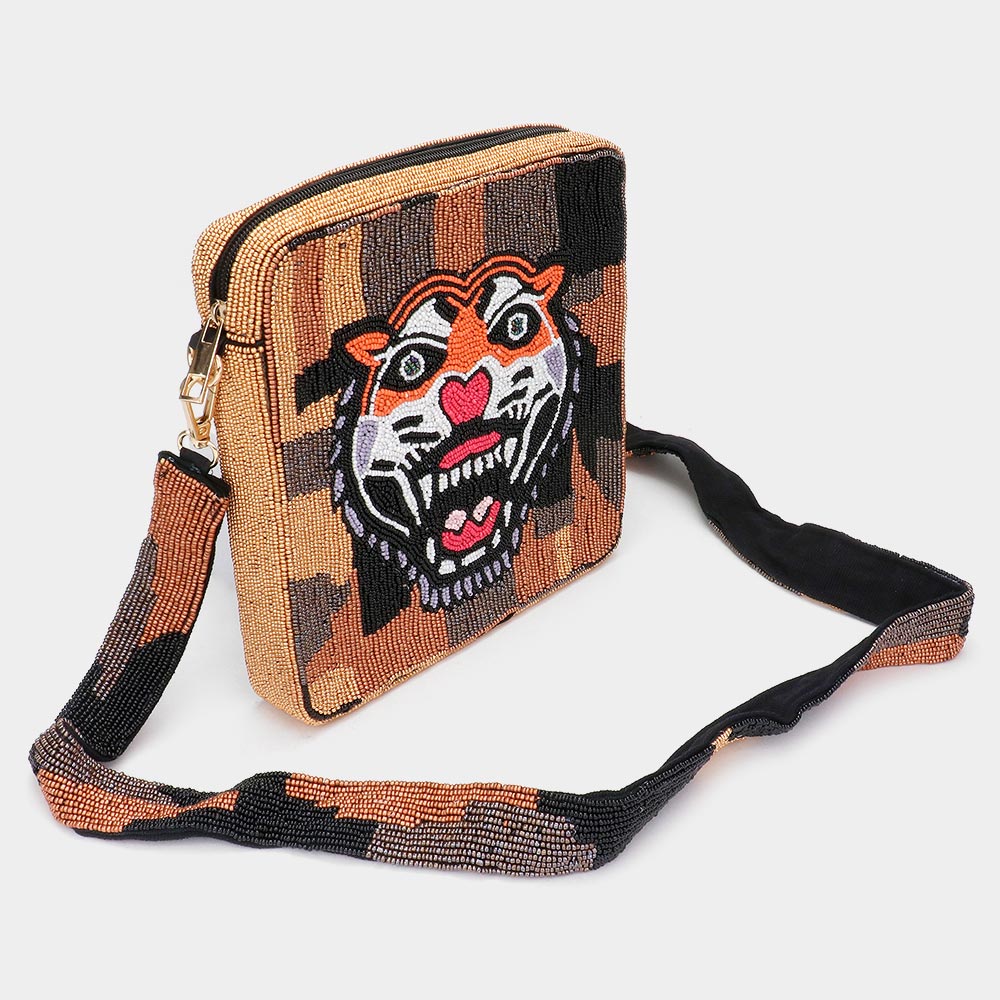 Seed Beaded Tiger Print Square Crossbody Bag