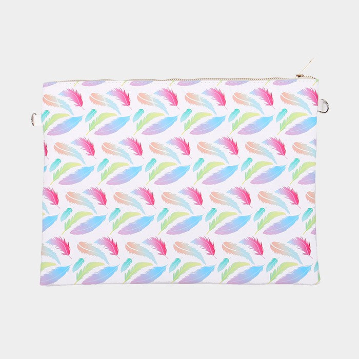 Feather _ Faux saffiano zip clutch bag with strap