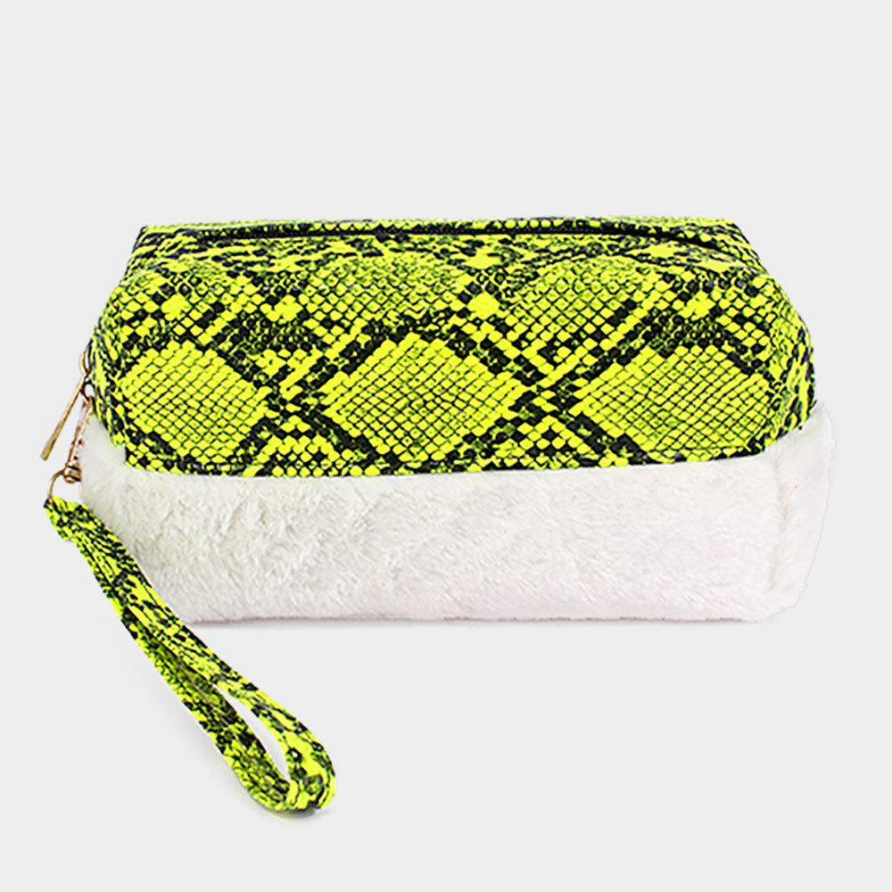 Snake Skin Patterned Faux Leather Soft Fur Wristlet Pouch Bag