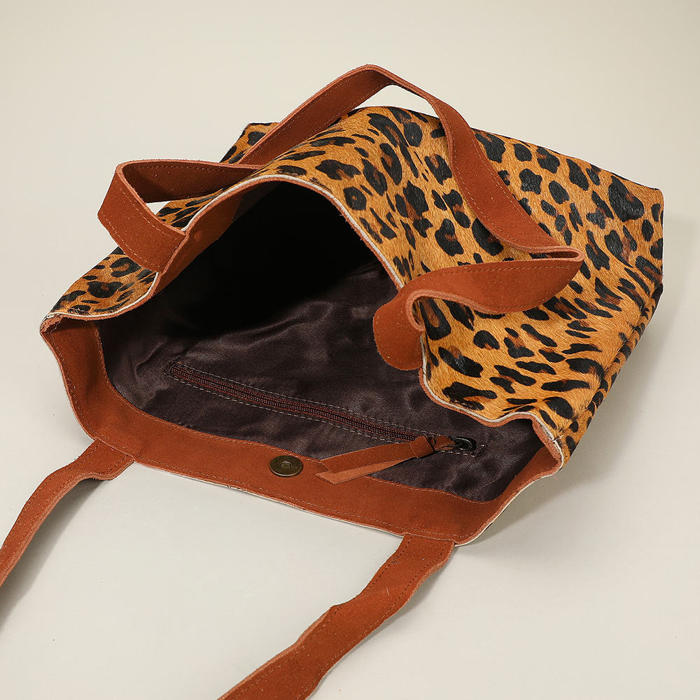 Genuine Calf Hair Leopard Pattern Print Shoulder Tote Bag