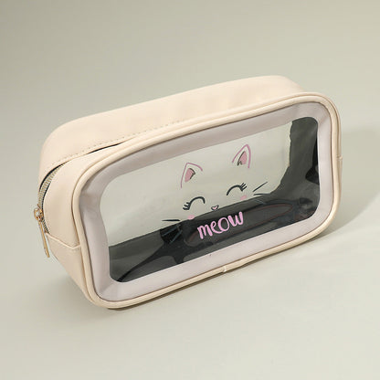 Meow Cat Face Printed Transparent Travel Cosmetic Pouch Bag