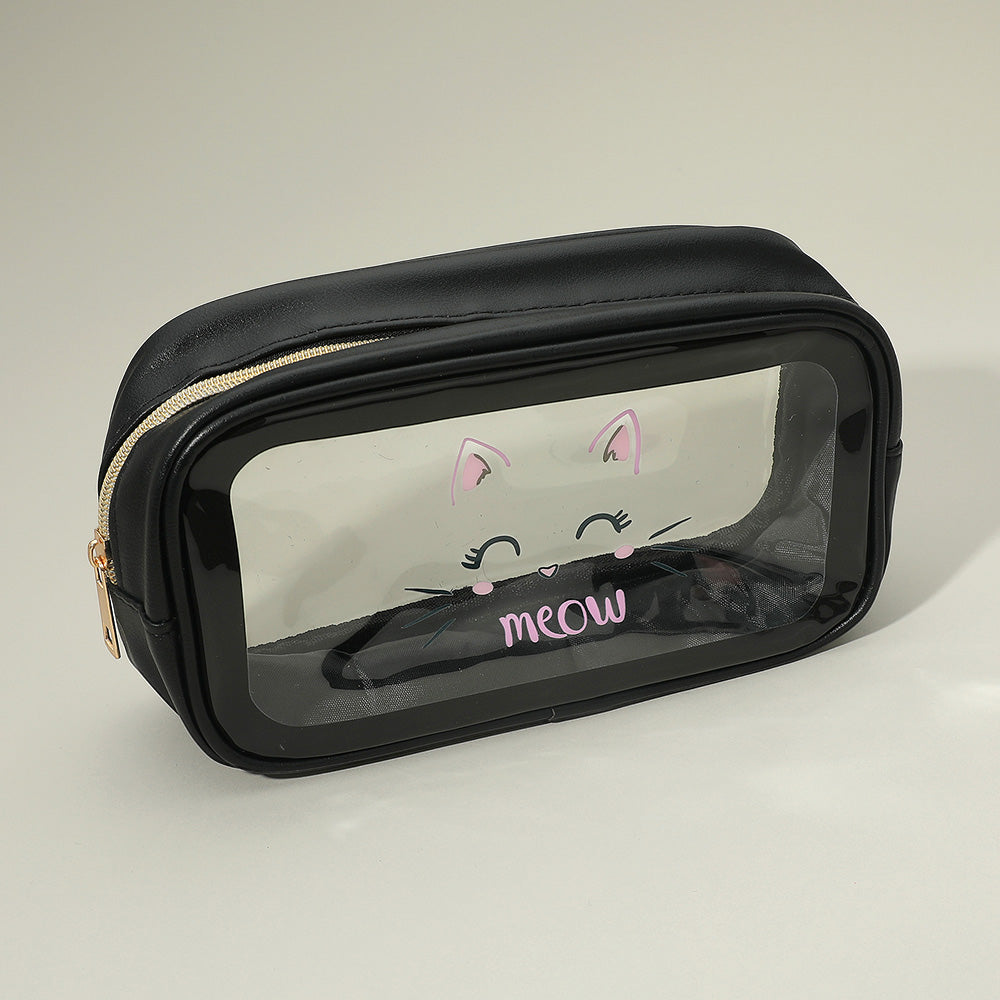 Meow Cat Face Printed Transparent Travel Cosmetic Pouch Bag