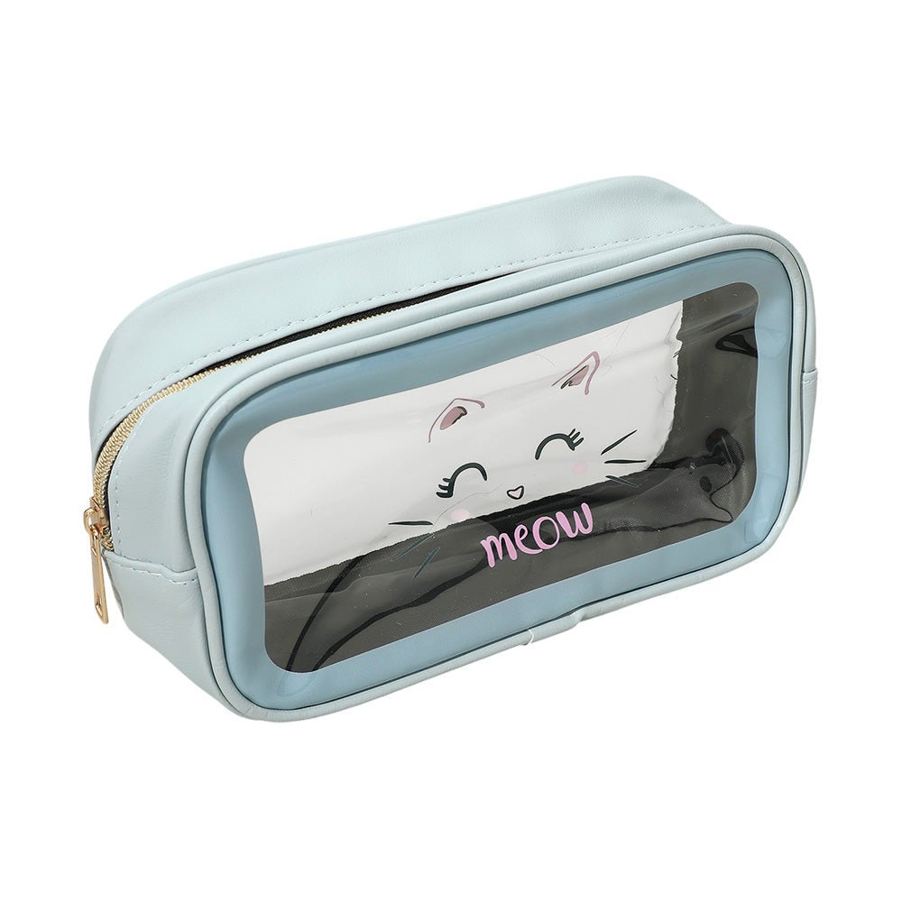 Meow Cat Face Printed Transparent Travel Cosmetic Pouch Bag