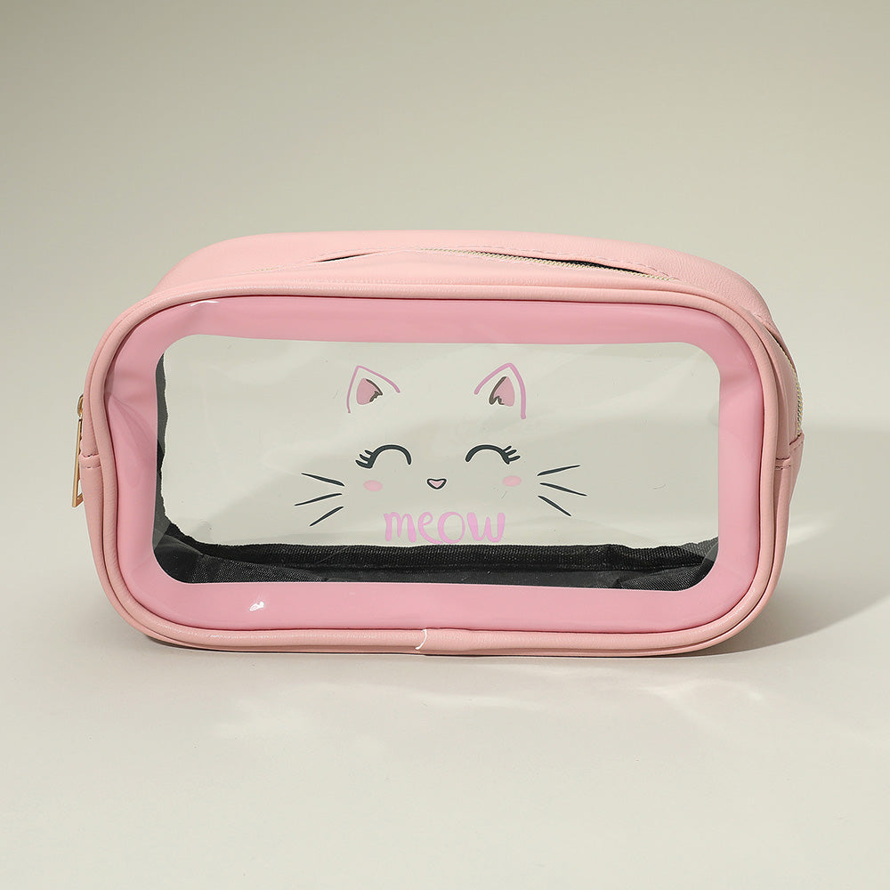 Meow Cat Face Printed Transparent Travel Cosmetic Pouch Bag