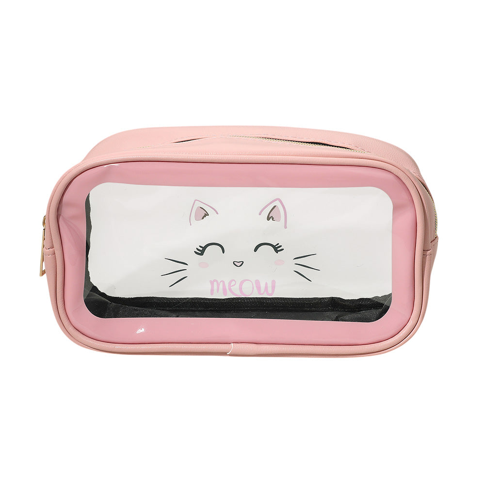 Meow Cat Face Printed Transparent Travel Cosmetic Pouch Bag