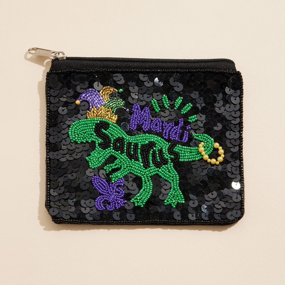 Mardi Gras Saurus Sequin Seed Beaded Mini Pouch Bag