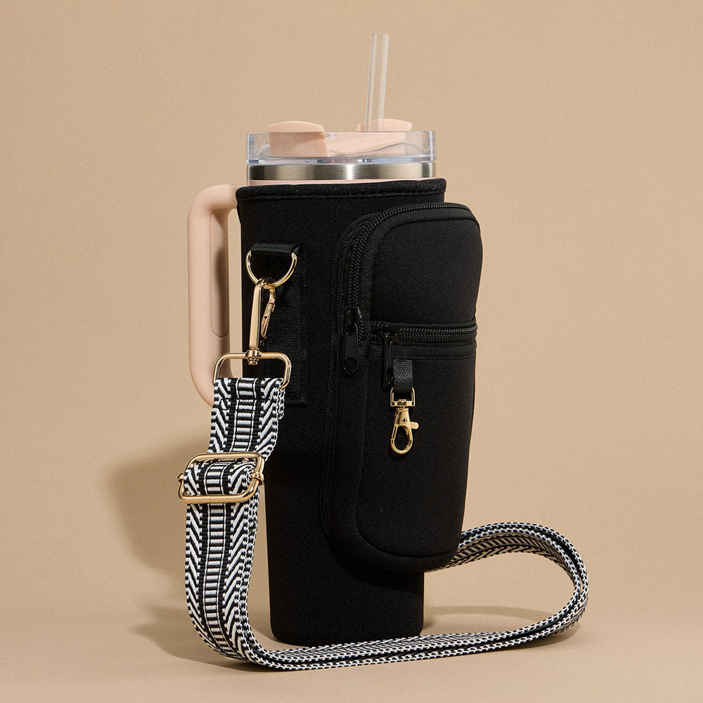 Solid Tumbler Carrier Holder Chevron Pattern Strap Crossbody Bag