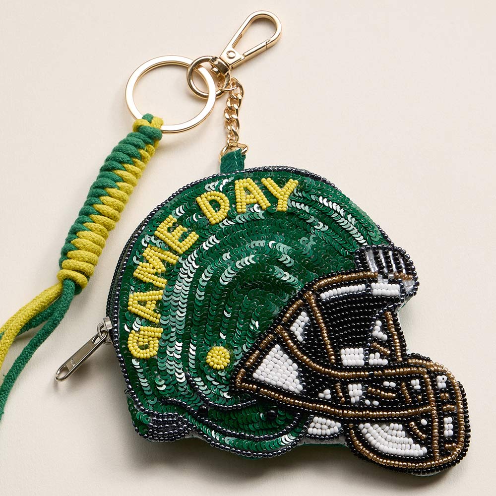 OREGON GAME DAY Football Helmet Sequin Seed Beaded Knot Keychain Mini Pouch Bag