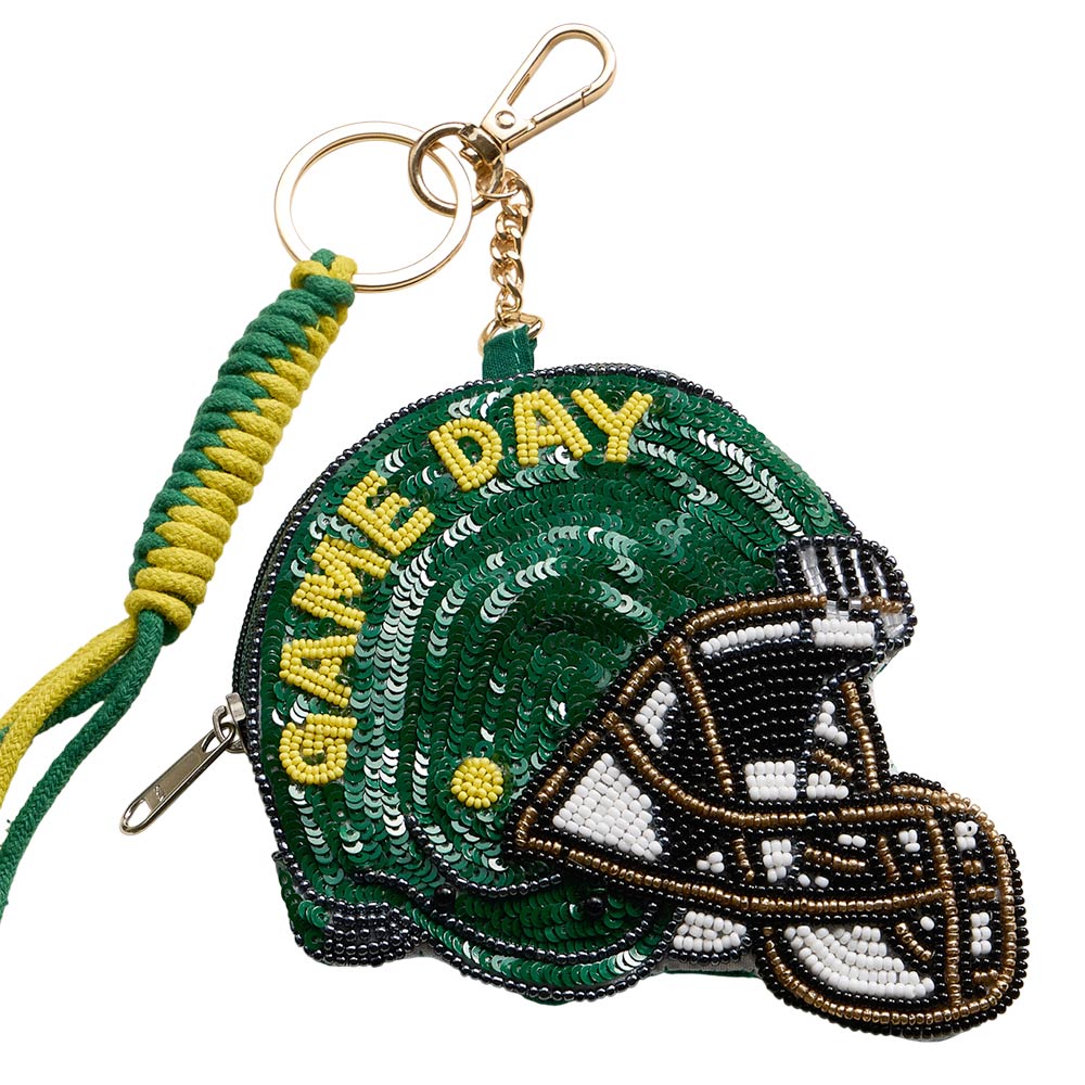 OREGON GAME DAY Football Helmet Sequin Seed Beaded Knot Keychain Mini Pouch Bag