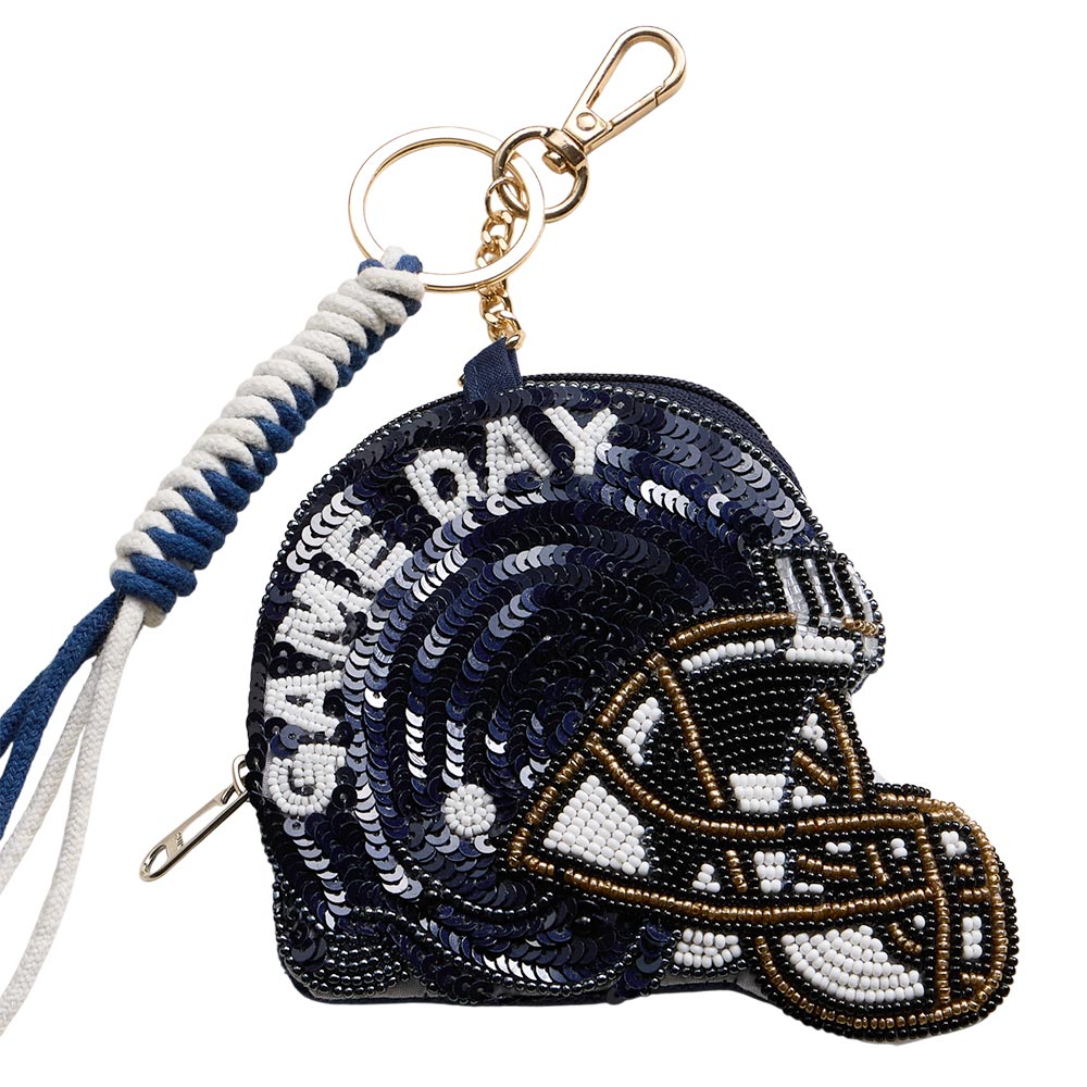 PENN STATE GAME DAY Football Helmet Sequin Seed Beaded Knot Keychain Mini Pouch Bag