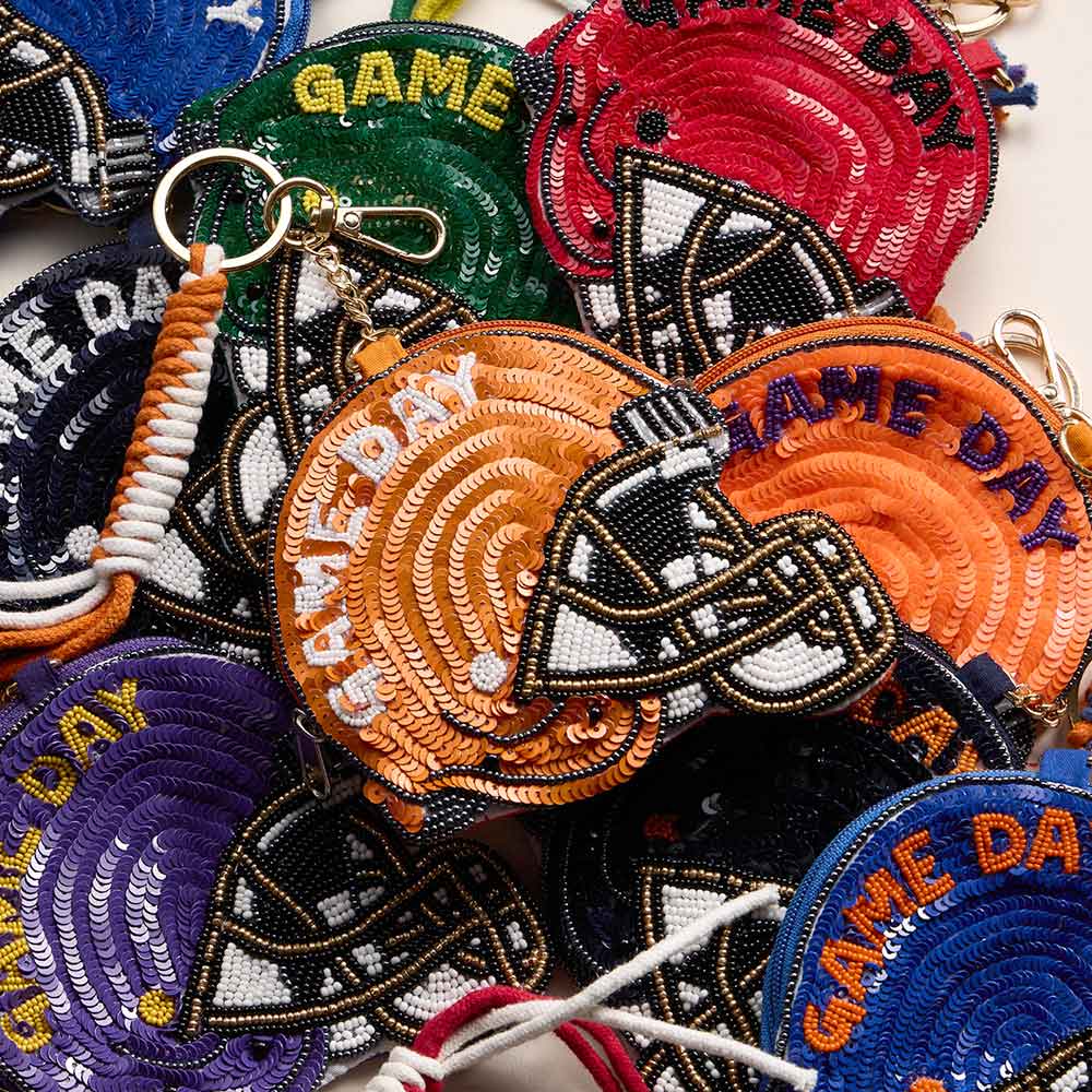 PENN STATE GAME DAY Football Helmet Sequin Seed Beaded Knot Keychain Mini Pouch Bag