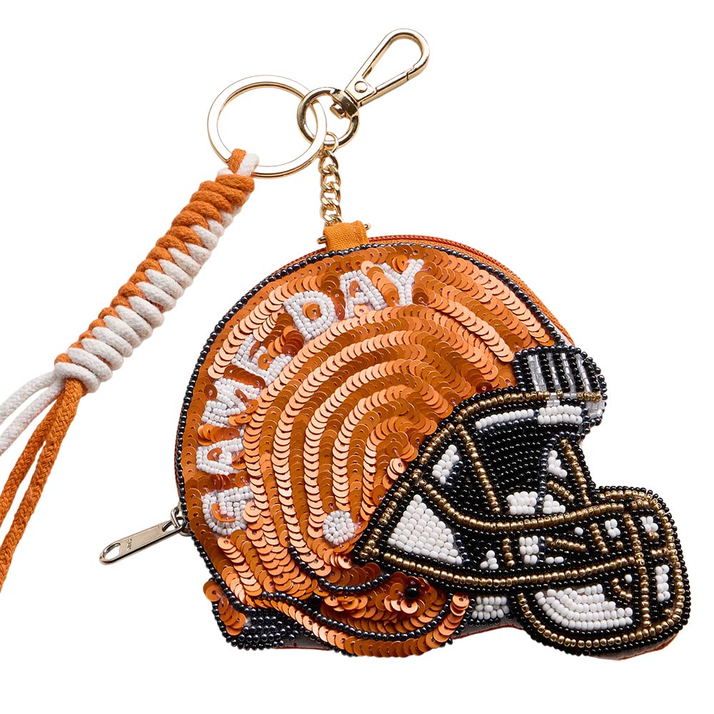 TEXANS GAME DAY Football Helmet Sequin Seed Beaded Knot Keychain Mini Pouch Bag