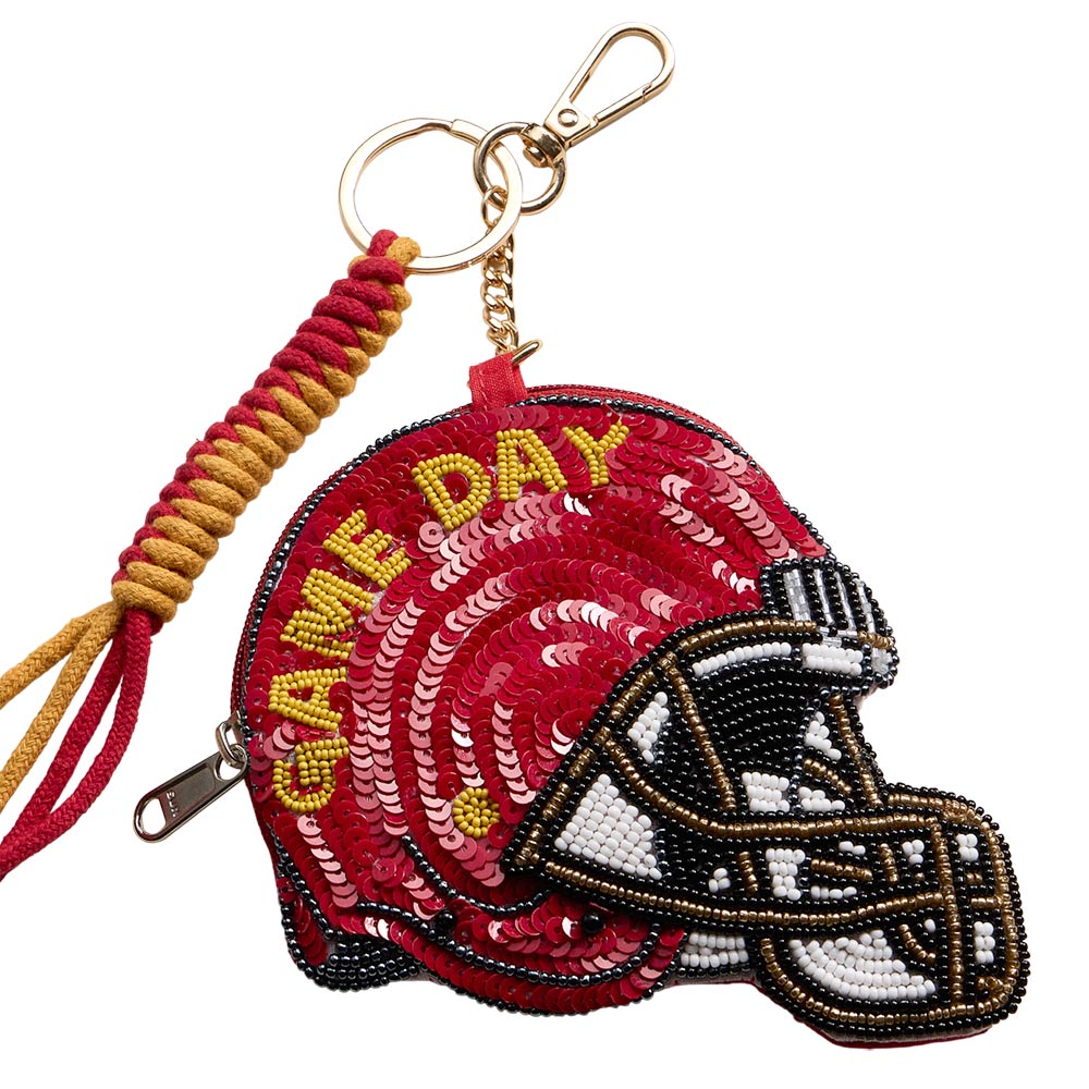 USC GAME DAY Football Helmet Sequin Seed Beaded Knot Keychain Mini Pouch Bag