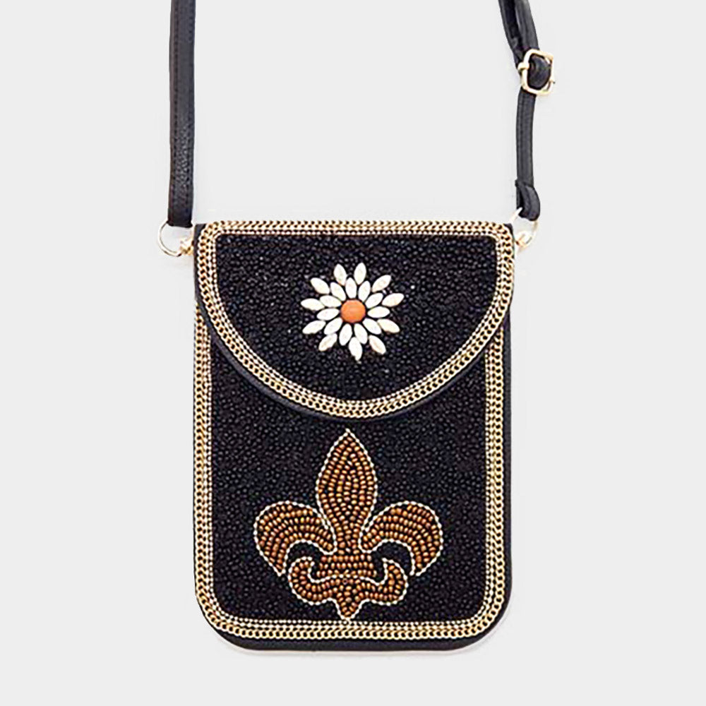 Multi Beaded Fleur de Lis Flower Crossbody Bag