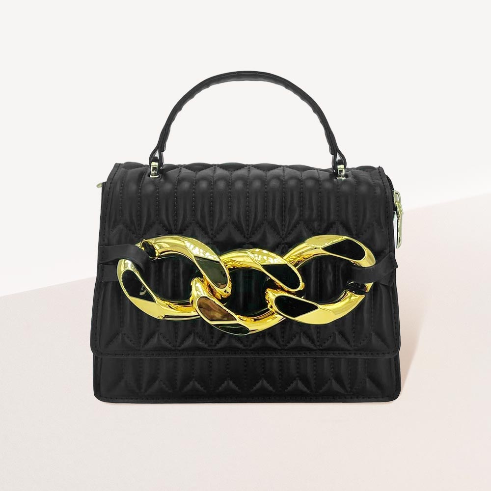 Chunky Metal Trim Accented Faux Leather Top Handle Crossbody Bag